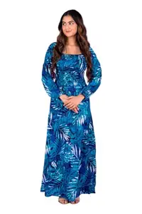 SUMII Bishop Sleeves Backless Tie Up Maxi Dress (Size -L Colour-Blue (Printed))