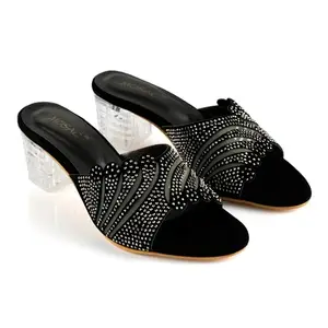 MOSAC Women's Crystal & Glittery Block Heels Fashion Sandals for Women & Girls latest Collection & stylish Comfortable Sandal for Women & Girls (Black, 8)