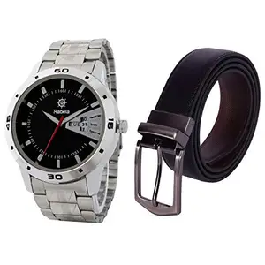 Rabela Men's Black dial Watch and Belt Combo -5