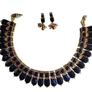Kovai Palakka Traditional Necklace Set with Earrings, Blue and Gold Plated