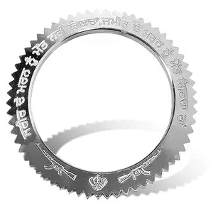 Stainless Steel Metal Waheguru Ji Punjabi Khanda Sikh Sardar Khalsa Symbol/Logo Hand Cuff Sarbloh Sharp Teeth Chakkri Zig Zag Design Wrist Kada For Unisex Adult (2-12)