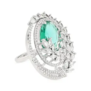 I Jewels Valentines Special Stylish Latest Fashion American Diamond Cubic Zirconia Adjustable Brass Finger Ring For Women/Girls (FL247) (Green)