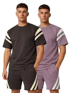 CHKOKKO Men’s Co-Ord Set Premium Cotton Blend Oversized T-Shirt & Shorts Cord Set with Side Pockets Round Neck Half Sleeves Solid with Contrasting Stripes Summer or Casual Wear