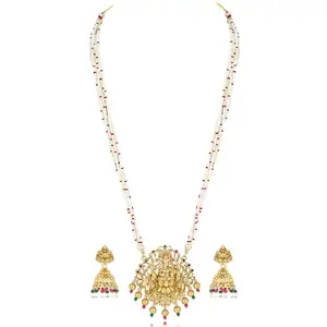 Peora Gold Plated Rani Pink & Green Synthetic Stone & Beads Studded Long Necklace & Jhumki Earrings Traditional Jewellery Set for Women