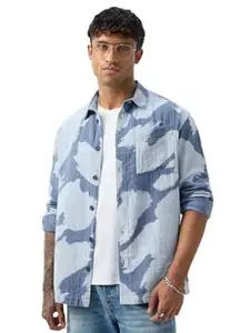 The Souled Store: Skybound Men and Boys Long Sleeve Spread Collar Blue and Light Blue Abstract Print Lightweight Easy to Style Everyday Office Wear Trendy Cotton Relaxed Shirt