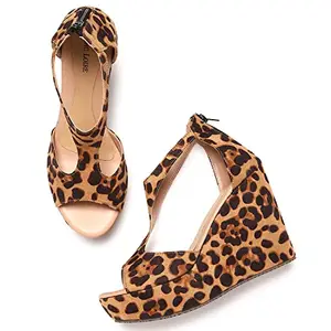 Marc Loire Women's Beige Animal Print Suede Platform Wedges High Heel Fashion Sandal, UK 7