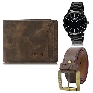 LOREM Mens Combo of Watch with Artificial Leather Wallet & Belt FZ-LR112-WL04-BL02