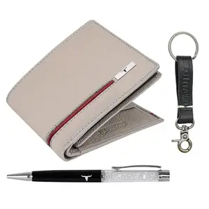 URBAN FOREST Shay Sand/Red Leather Wallet, Diamond Pen & Keychain Combo Gift Set for Men