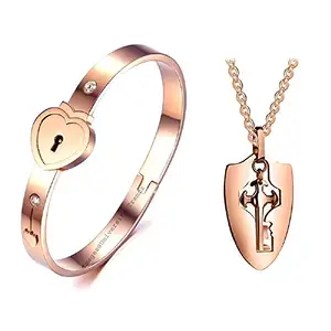 University Trendz Stainless Steel Lock and Key Heart Bracelet Pendant Set for Couples, Lovers Men and Women (Rose Gold)