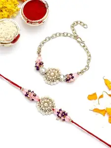 Karatcart Gold Plated Pink and Purple Crystal Kundan Bhiya Bhabhi Rakhi with Roli & Chawal