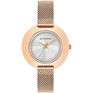 Giordano Eleganza Collection Analogue Watch for Women Crystal Studded Silver Dial and Rose Gold Metal Mesh Band Ladies Wrist Watch to Complement Your Look, Gift for Women - GD4068-44