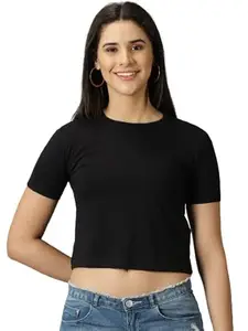 ANGAR Women Solid Crop top Cute Summer Round Neck Basic Plain Tees Slim Fit Trendy Short Sleeve T Shirts for Teen Girls