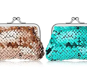ANESHA Sequin Sippi Kiss Lock Wallet Women Buckle Coin Purse Clasp Pouch Pack of 2 (9 x 7 CM)