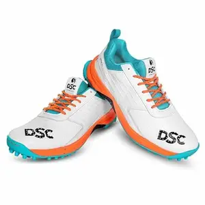 DSC Jaffa 22 Cricket Shoes | for Mens & Boys | Material: Mesh | Breathable Mesh | Non-Slip Sole for Improved Durability for Stability - White/Orange, 2 UK