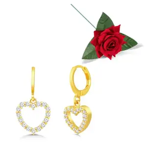 Peora Gold Plated CZ Studded Heart Shaped Hoop Drop Earrings Valentines Gift for Women & Girls with Red Rose