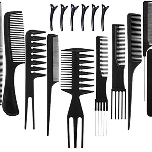 Famecia 10 Pcs Pro Salon Hair Cut Styling Hairdressing Barbers Combs Brush Set Black With 6 Pcs Hair Sectioning Clips