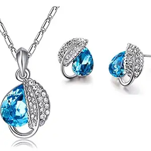 YouBella Valentine Collection Silver Blue Alloy Drop Shape Pendant set with Earrings for Girls/Women