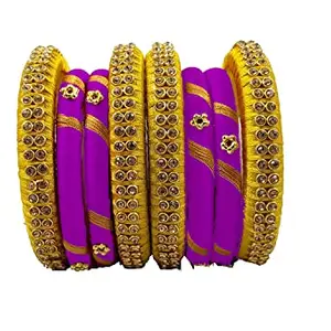 pratthipati's Silk Thread Bangles Plastic Bangle Set For Womens New (Purple-Yellow) (Pack of 8) (Size-2/12)