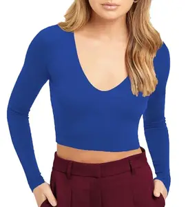 THE BLAZZE Women's Cotton Stylish Stretchable Deep V Neck Full Sleeve Readymade Crop Top T-Shirt for Women L439 1309 (XL, RBL)