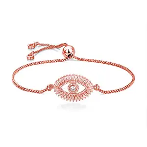 ZIVOM® Turkish Evil Eye Positivity Baguette Cubic Zirconia American Diamond Pink Rose Gold Slider Expandable Adjustable Bracelet Women Girls