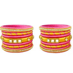 GOELX Silk Thread Bangles Pink & Yellow Gold set of 14 bangles (2.6)