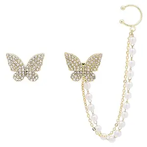 fabula Jewellery Gold Tone Butterfly Crystal & Pearl Chain Fashion Ear Cuff Earrings For Women & Girls Stylish Latest (EYJ143_AMR2)