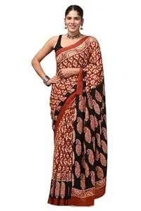 SKYNETCRAFT Women's Rust Mulmul Cotton Printed Saree with Traditional Ethnic Block Design & Black Paisley Designer Pallu with Blouse Piece