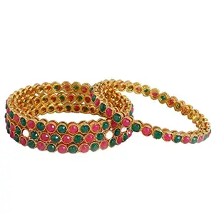 ACCESSHER 22kt Gold plated set of 4 bangles Pink & Green Stone-Studded Sustainable Handcrafted Bangles - 2.4