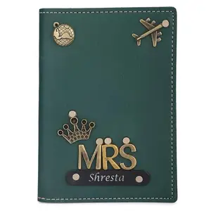 WALLETKART Personalised Leather Passport Cover with MRS. Name and Charm (Green)