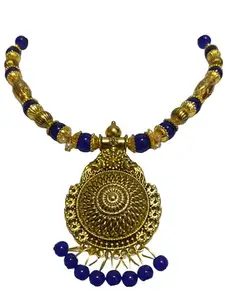 Blue Badi Jewelry Gold Plated Necklace with Pearls and Turquoise Beads for Women