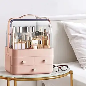 AZRAEL Cosmetic Storage Drawers Box Dust-Proof Desktop Makeup Organizer for Display Case with Handle Make up Organizer for Bathroom Dressing Table Bed Room Lip Stick Skincare Holder - Pink