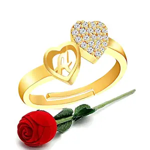 MEENAZ CZ AD Valentine American diamond Gold Plated Adjustable I Love You Heart Initial Letter Name Alphabet Love A Finger Rings for women girls girlfriend couples lovers Stylish Red Ring ROSE BOX SET
