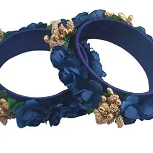 The Golden Cascade" Navy Blue Colour Flower Kada/Silk Thread & Acrylic Bangles for Women & Girls (Pack of 2 Kada) (Large 2.8)
