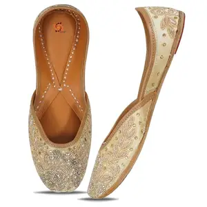 DFR Traditional Hand Dabka Zari Embroidery Rajasthani Stylish Ethnic Punjabi Comfortable Sole Cushioned Fancy Bellies Mojari Jutti for Women, Gold2, 8