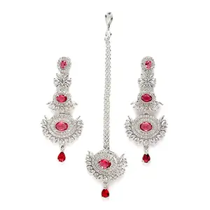 ZENEME Rose Gold Plated American Diamond Studded Maang Tikka & Earrings Jewellery Set For Woment and Girl (Rhodium-Plated Red)