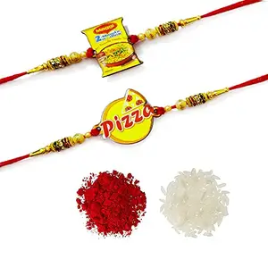 DMS RETAIL Wooden Pizza Maggi Lover Bha Fancy Rakhi For Brother Rakhi For Men Combo Set Of 2