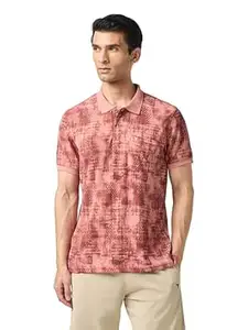 TECHNOSPORT Men's Printed Slim Fit Polo Collar T-Shirt MATPIQ Half Sleeve Button Polyester for Gym Running Workout UPF50+ Anti Odour