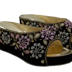 Abuza Women's Velvet Sandals Stylish Embroidery Desgin Fashionable Open-Toe Block Heels For Women (Black, 6)