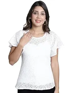 FineMe Women Self Designed Round Neck Flared Sleeve Lace Top with Camisole (FM-TOP-39_N)