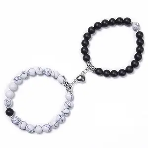 DazzZ Couple Bracelets Black & White Red Natural Stone Onyx Stretchable Wrist Band Heart Magnetic Bracelet For Women Men Boys Girls Love Gifts Friendship Promise Bracelets