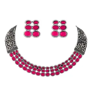 Mansiyaorange Ruby Red Color Kempu Stone Oxidised Choker Necklace Jewelry Set For Women