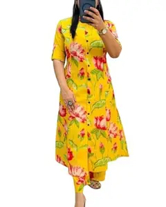 Triyom Fashion Elegant Cotton Co-ord Set for Women – Solid Color Top and Pants Combo (IN, Alpha, 2XL, Regular, 1, YELLOW)