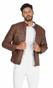 ZANESAR FASHION® Men's Tan/Brown Faux Leather Motorcycle Jacket for Men - Stylish, Durable, and Versatile Winter Jacket for Riding With Five Pockets - M