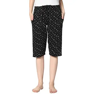 VIMAL JONNEY Women's Cotton Three Fourth Capri Shorts with Side Pockets |Women's Casual Shorts-D13__PRT__1BLK__01-M Black