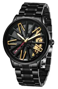 V2A Vortex Series Wheel Rolling Men’s Analog Watch Open Dial Gold Watch – Car Wheel-Inspired Design, Hollow Out Elegance Casual Watch for Men | Gift for Men