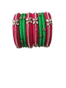 Rajshyama Handicrafts Silk Thread Bangle Kada For Women Girls 8 PC Set Wedding & Festive Occasion Handmade Multicolored Chura Chuda Chudi Stone Studded (LIGHT GREEN - RED, 2.6)