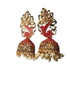 Fashion Empire Traditional Red Enamel peacock Gold-Plated Pearl Drop Earrings, Floral Design, Indian Wedding Jewellery