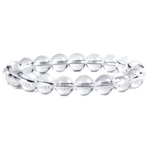 RRJEWELZ 10mm Natural Gemstone Clear Quartz Round shape Smooth cut beads 7.5 inch stretchable bracelet for men. | STBR_RR_M_02856