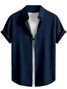 WIZOON Shirt for Men | Half Sleeves | Men’s Black Textured | Cotton Blend Shirts | Casual Shirt's | Spread Collar | Short Sleeves | Regular Fit