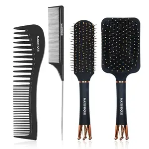 Majestique Paddle hair Brush, Flat Brush, Tail Comb & Wide Tooth Comb, Crown Hair Brush Set Great on Wet or Dry Hair for Women & Men (Pack of 4)